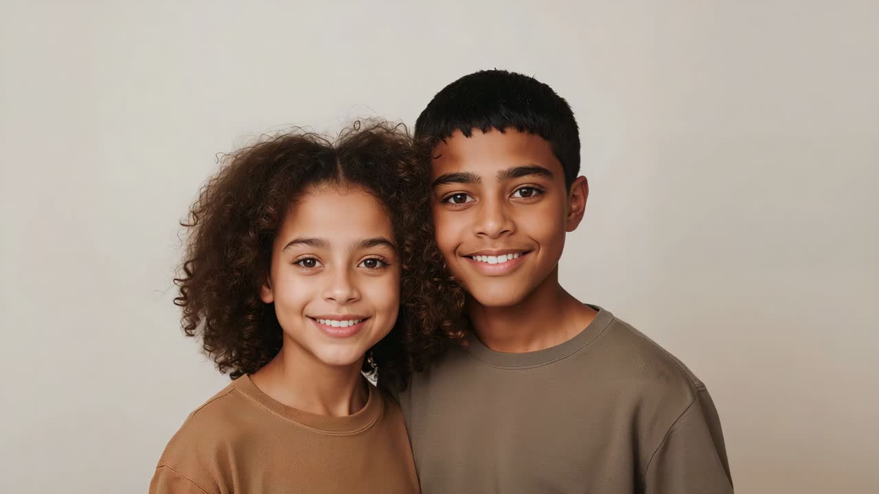 Gravação iniciada, irmãos sorrindo e posando para retrato com fundo neutro vestindo blusas de gola redonda