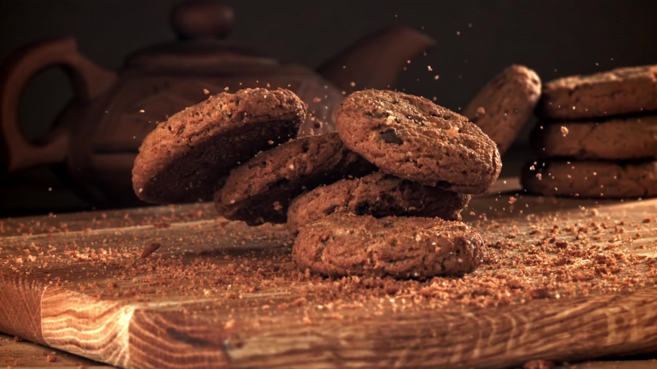 Biscotti con gocce di cioccolato che cadono e si impilano al rallentatore su un tagliere di legno.