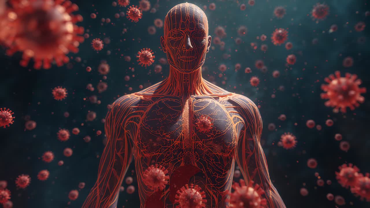 Zooming camera revealing CGI anatomy model in studio, showing vascular network and floating viruses