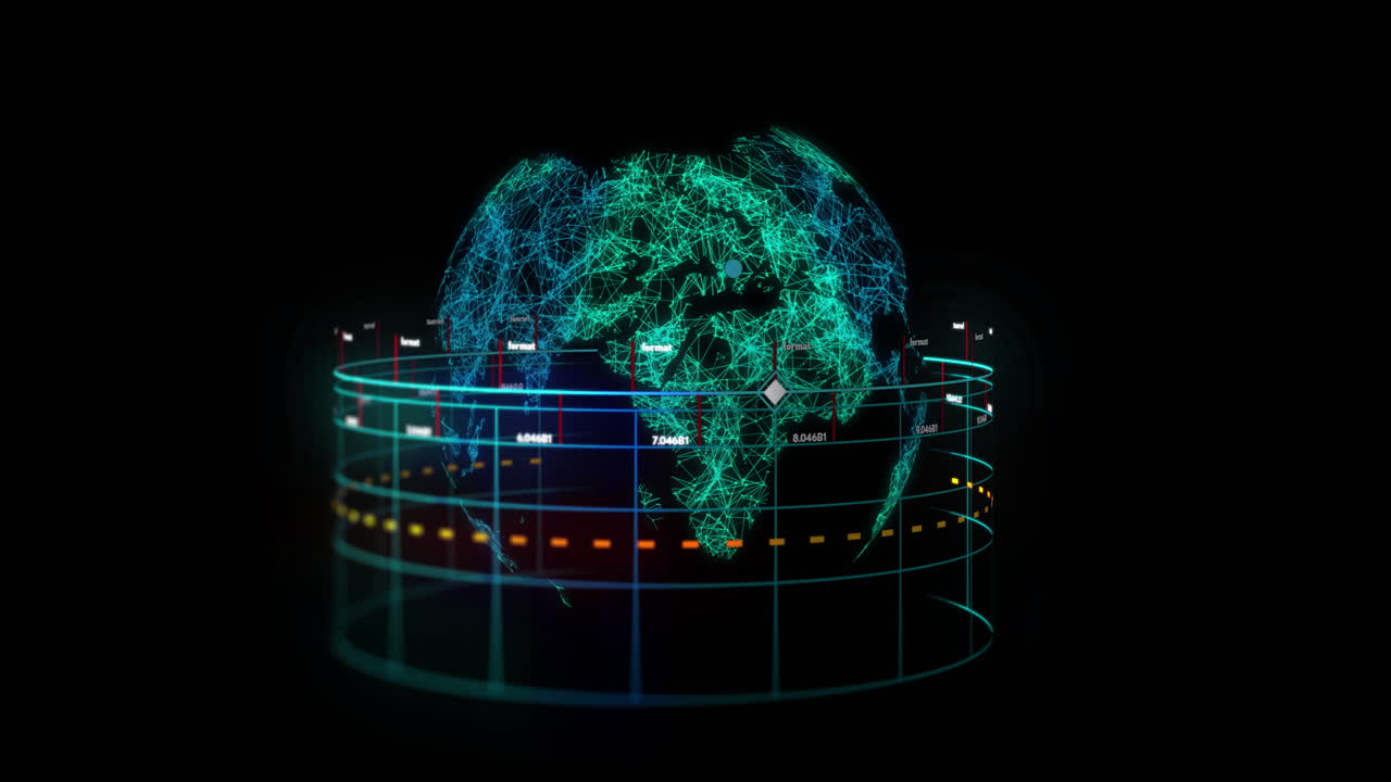 Animation of financial data processing over globe on black background