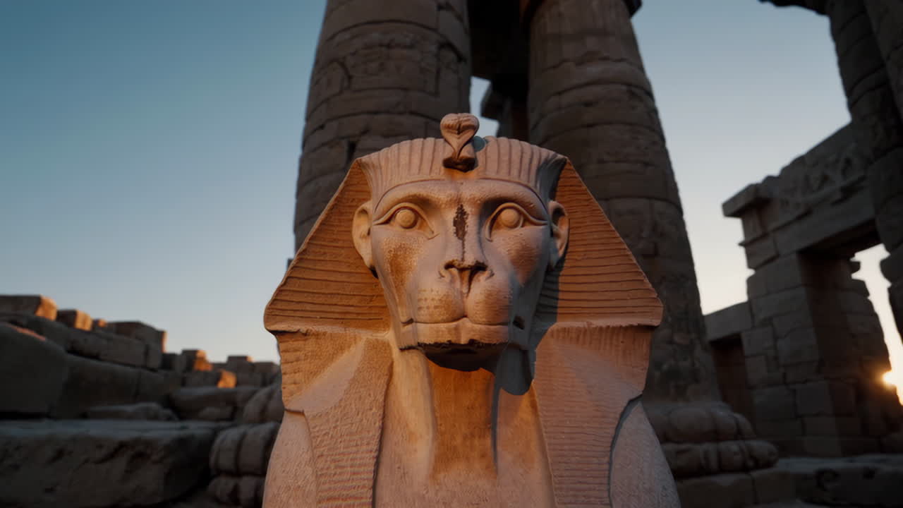 Sphinx in Ancient Egyptian Ruins at Sunrise