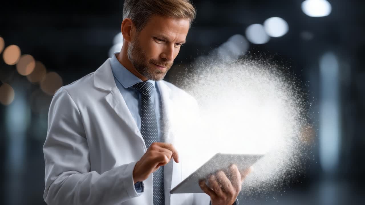 En fokusert profesjonell i laboratoriefrakk bruker et nettbrett, noe som viser kraften i teknologi og innovasjon i et lyst, moderne miljø, og reflekterer en forpliktelse til forskning og fremskritt
