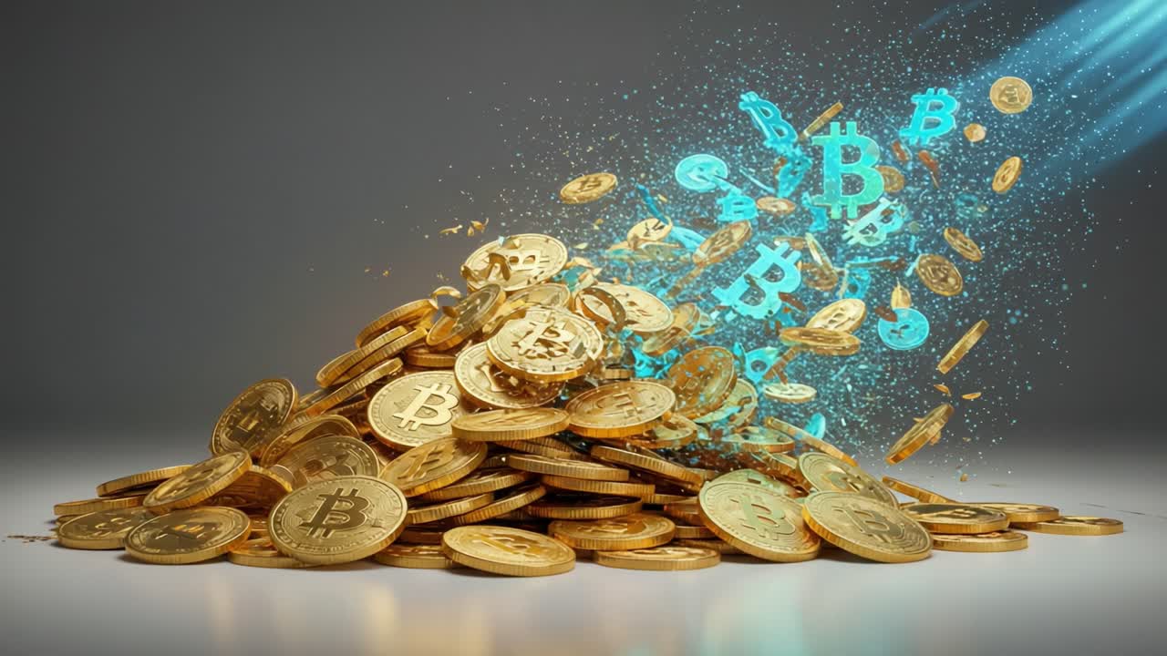 An explosive visual representation of cryptocurrency dynamics, this stunning image showcases a cascade of golden Bitcoin coins bursting forth with vibrant energy, symbolizing the volatility and excitement of digital currency.