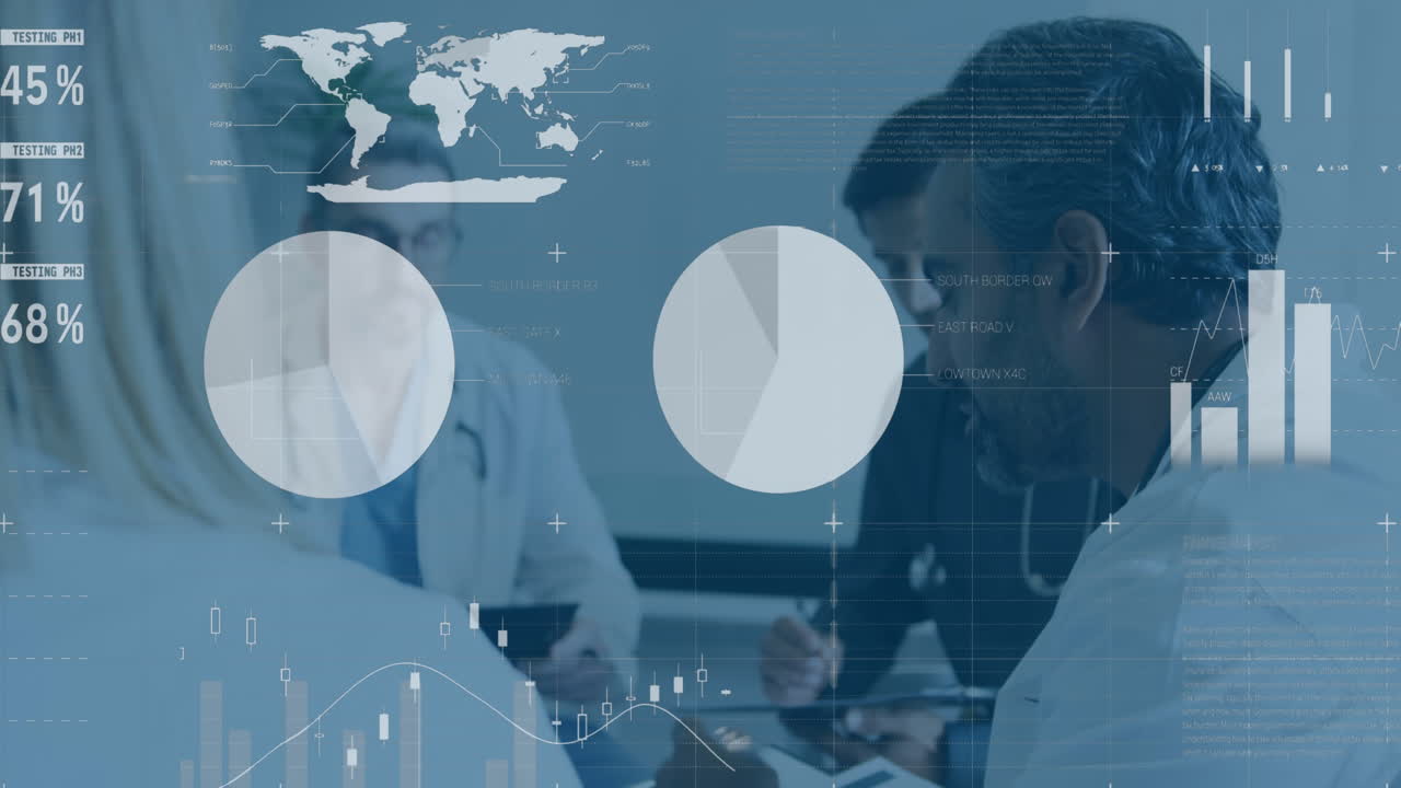 Animation of financial data processing over diverse doctors talking