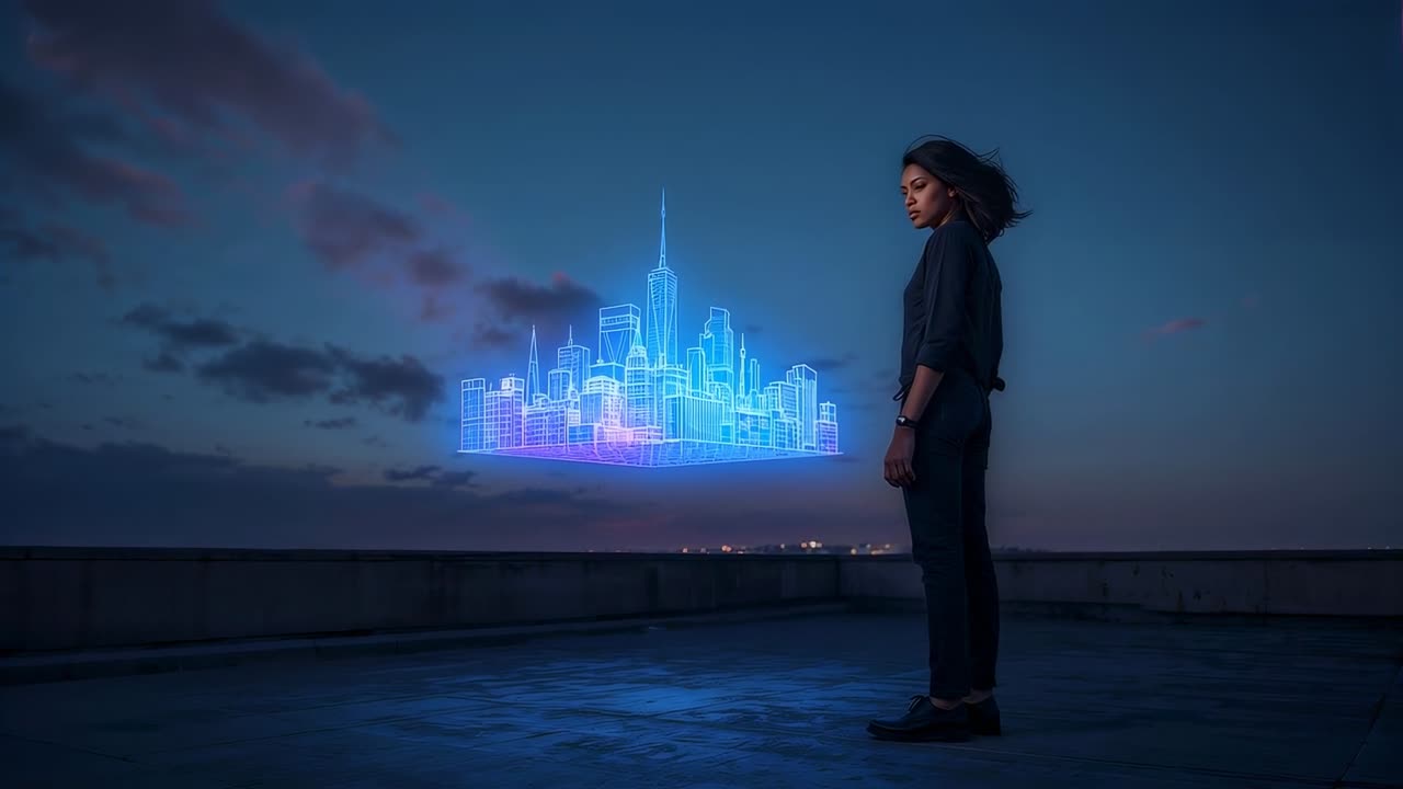 Donna con giacca scura che osserva una città al neon pulsante, attirando lo sguardo da un tetto al crepuscolo, spazio per il testo