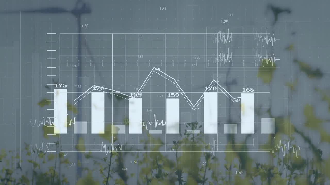 풍력 터빈과 풍경에 대한 금융 데이터 처리 애니메이션