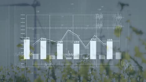 animación del procesamiento de datos financieros sobre turbinas eólicas y paisajes