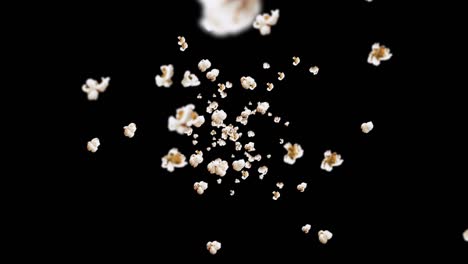 flying many popcorns on black background. white salty popcorn. healthy food. corn seed. 3d loop animation of popcorn rotating.