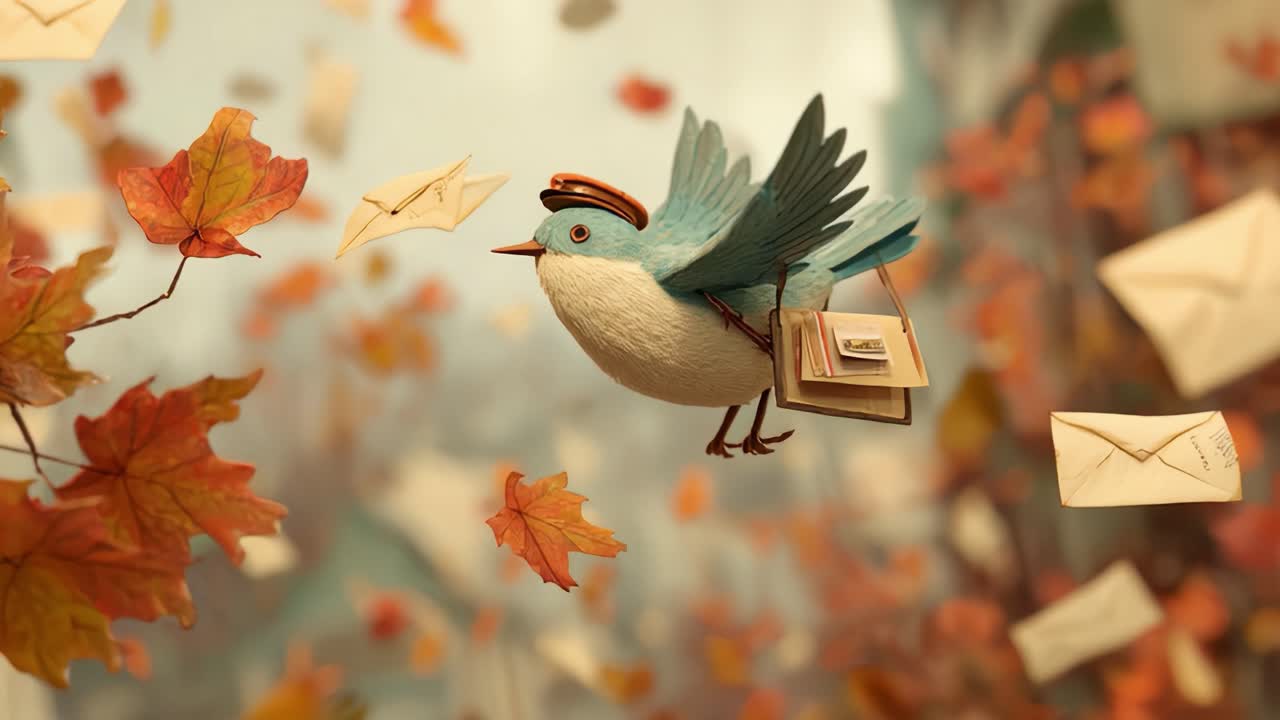 An Enchanting Scene of a Whimsical Bird in Flight, Carrying Letters Amidst Colorful Autumn Leaves, Capturing the Essence of Mail and Nature's Beauty