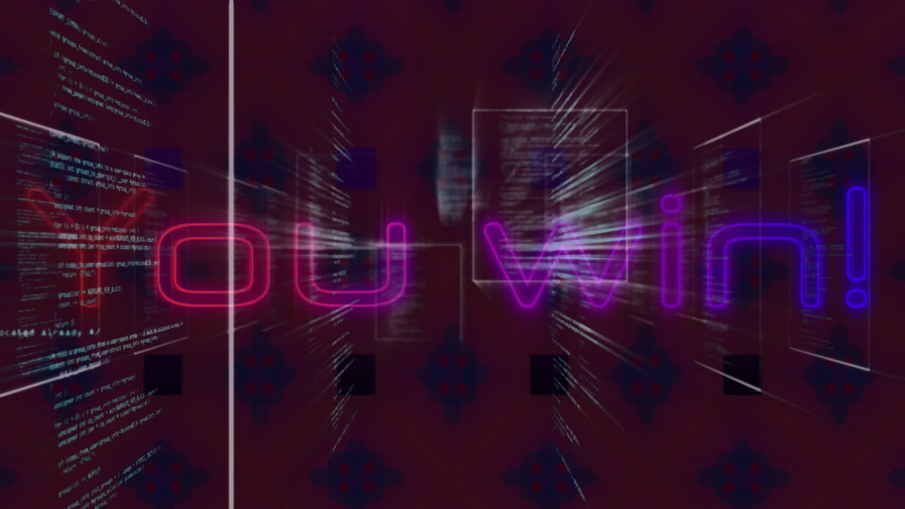 Animation of you win text banner over screens with data processing against purple background
