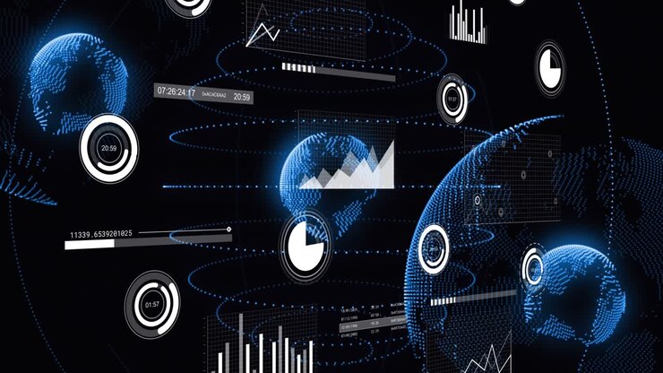Animation of multiple graphs, loading bars, circles and multiple globes over black background