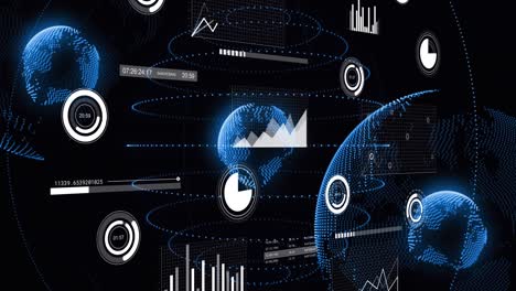 Animation-of-multiple-graphs,-loading-bars,-circles-and-multiple-globes-over-black-background