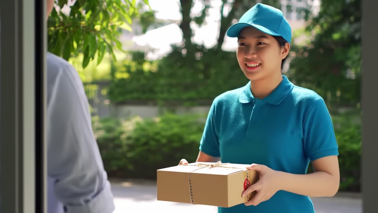 A cheerful delivery person wearing a blue uniform and cap hands over a package at a doorway. The environment is bright and welcoming, showcasing greenery and a pleasant atmosphere.