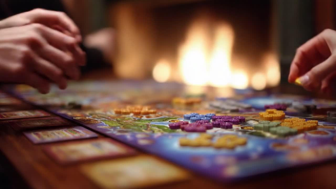 A Cozy Evening by the Fire: Engaging in a Colorful Board Game with Friends and Family, Perfect for Quality Time and Fun Gatherings