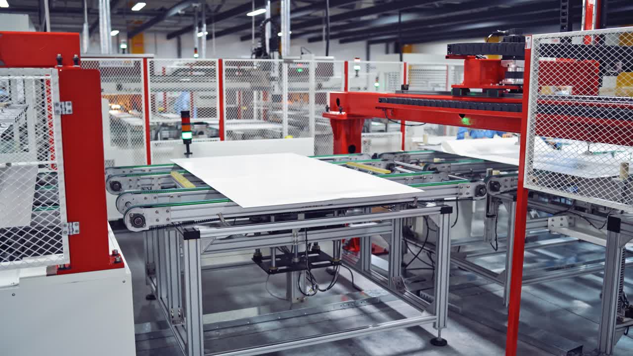 Interior of modern factory. Innovated technology of making solar panels. Robotic equipment inside the modern industrial plant.