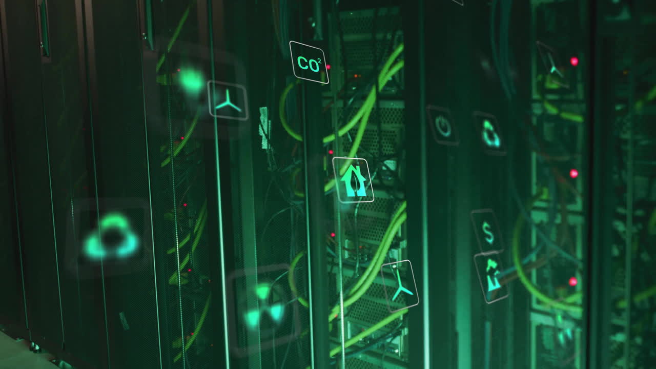 Animation of eco icons and digital data processing over computer servers