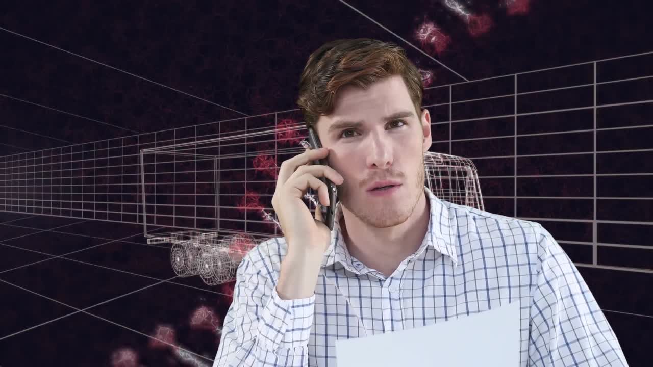 animación de un hombre caucásico usando un teléfono inteligente y una hebra de adn sobre un modelo de dibujo 3d de un camión y una cuadrícula