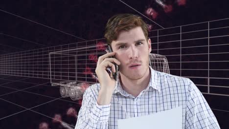 animación de un hombre caucásico usando un teléfono inteligente y una hebra de adn sobre un modelo de dibujo 3d de un camión y una cuadrícula