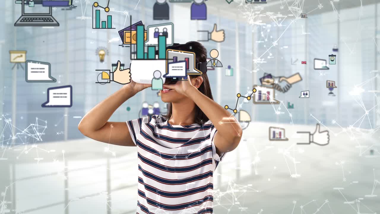 디지털로 생성된 비즈니스 아이콘 4k와 함께 가상 현실 헤드 ⁇ 을 사용하는 여성