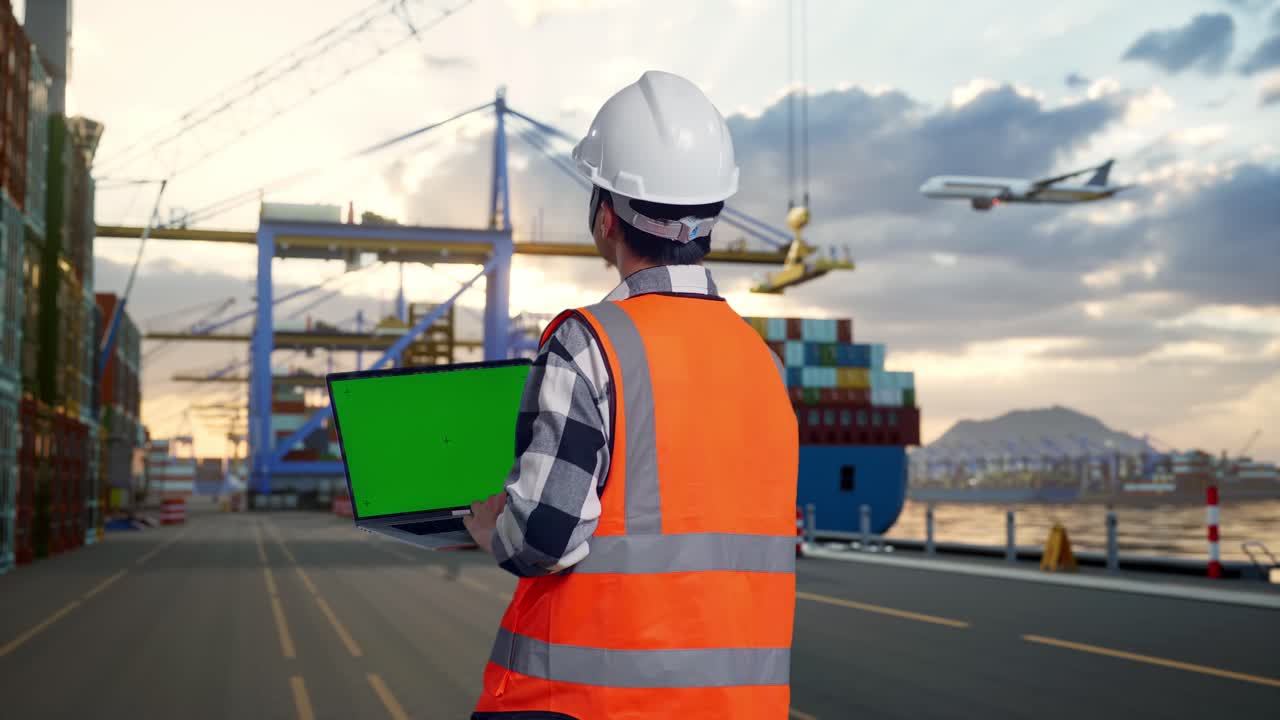 Back View Of Asian Male Engineer With Safety Helmet Working On A Green Screen Laptop And Looking Around While Standing at Port with Container Ship and Cranes at Sunset