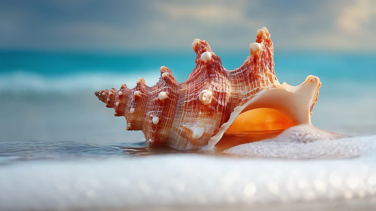 A Beautiful Coastal Scene Featuring a Nautical Shell Resting on the Shores, Surrounded by Gentle Waves and the Calm Ocean in the Background