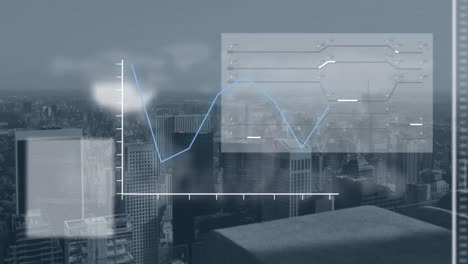 Animation-of-interface-with-data-processsing-against-aerial-view-of-cityscape