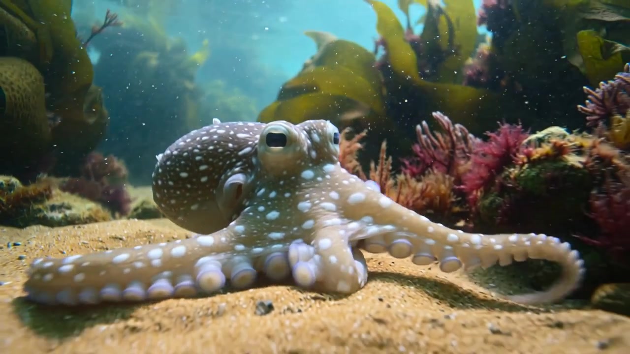 Polpo screziato che sonda, percependo alghe rossastre ed esplorando il fondale sabbioso poco profondo con fronde di kelp.
