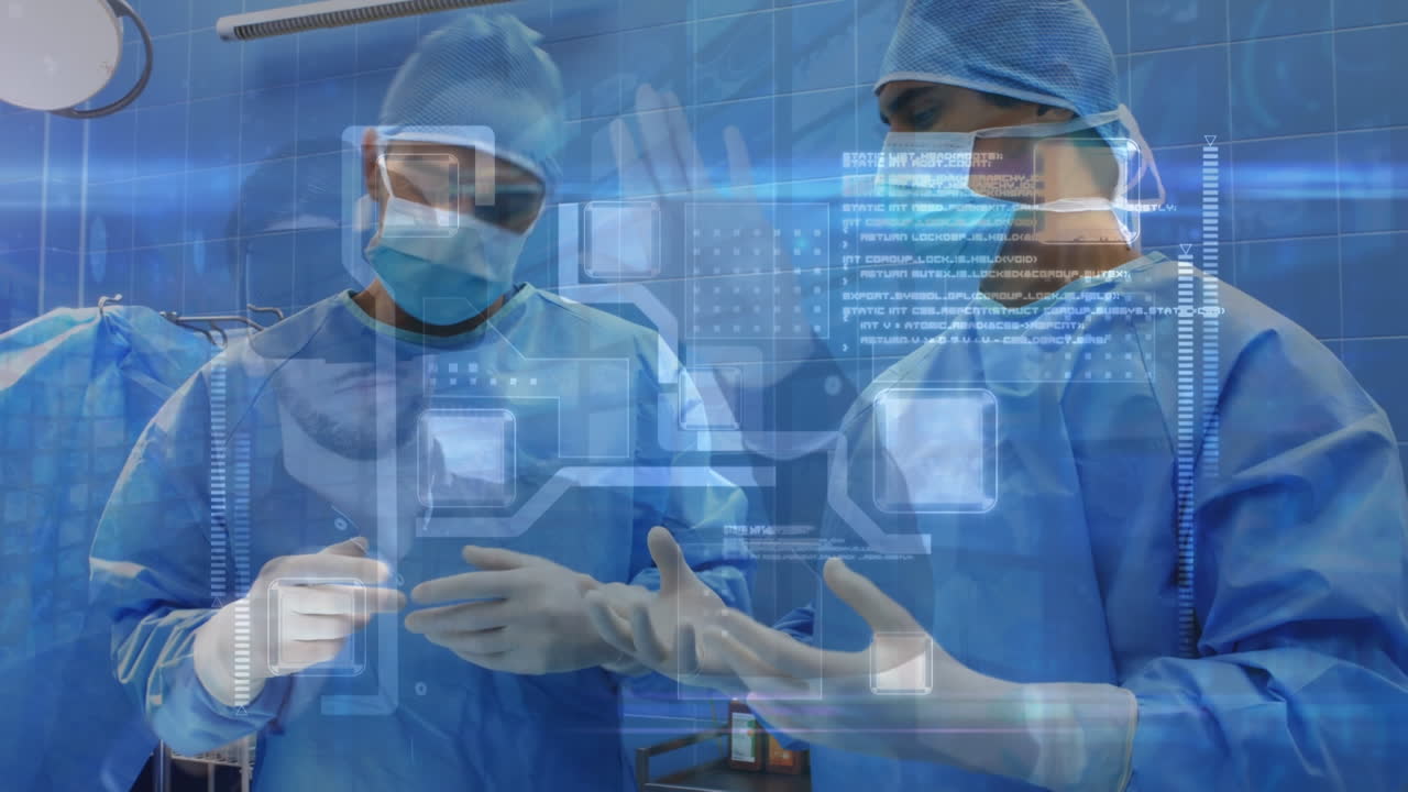 수술 중 두 인종의 남성 외과 의사에 대한 통합 회로의 애니메이션