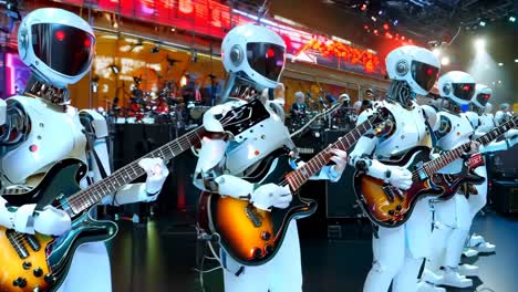 a group of robots playing guitars in front of a crowd