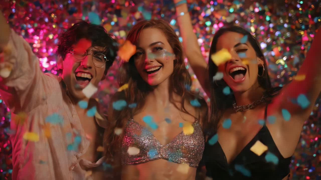 A vibrant celebration featuring three joyful friends immersed in a shower of colorful confetti, embodying the spirit of happiness and togetherness against a dazzling backdrop of shimmering lights and festive revelry