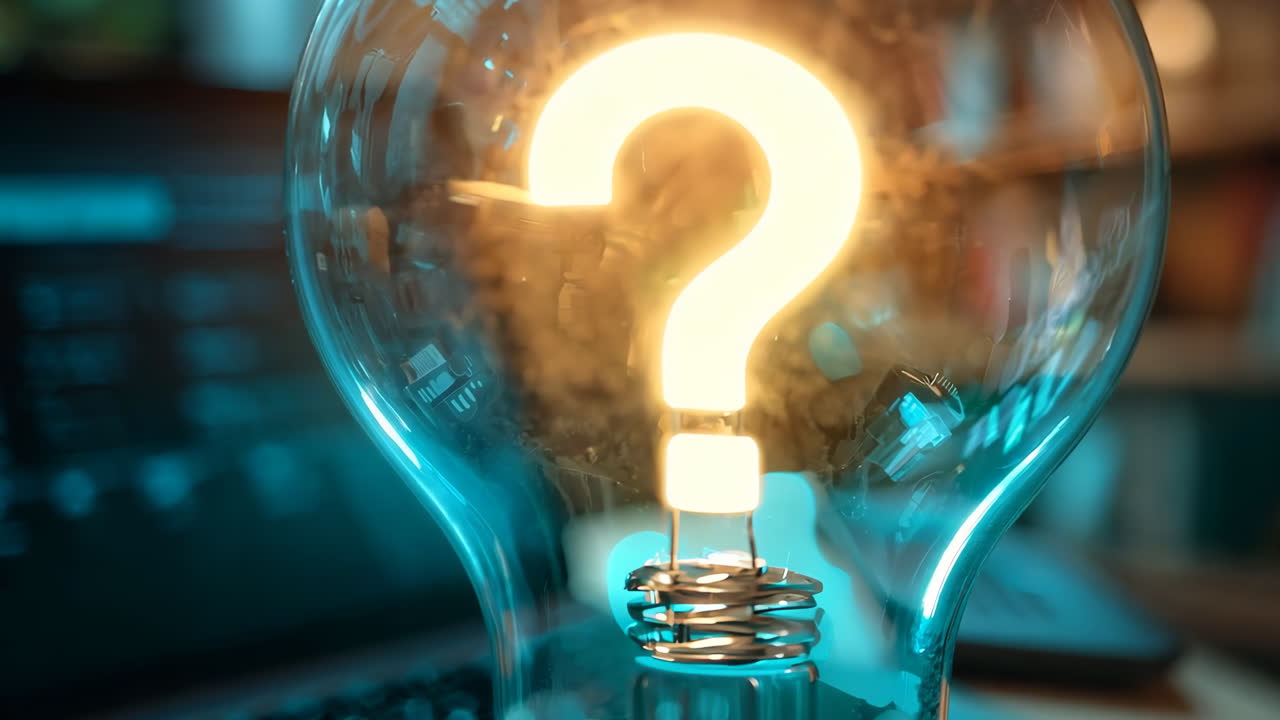 A light bulb with a question mark on it is floating above a laptop. Concept of curiosity and wonder, as if the light bulb is asking a question or seeking an answer