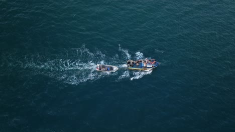 Aerial-Birds-Eye-View-Of-Motorised-Fishing-Boat-Sailing-Across-Waters-Off-Pacific-Ocean-With-Birds-Flying-Overhead