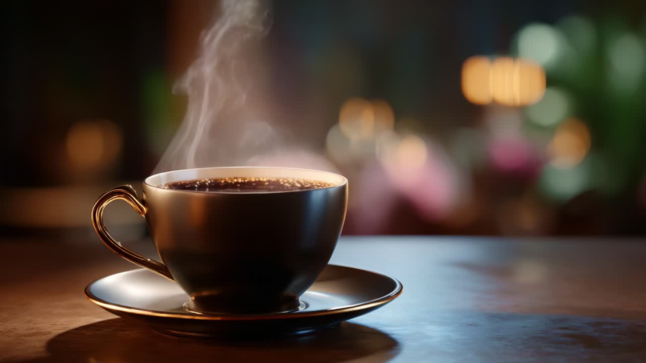 En varm kop kaffe på et bord med dampende aroma og soft focus-baggrund, perfekt til afslapning, nydelse og hyggelig atmosfære