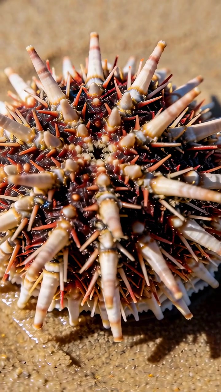 Vertical video: Moving camera revealing spiny sea urchin on wet sand, showing fine texture detail