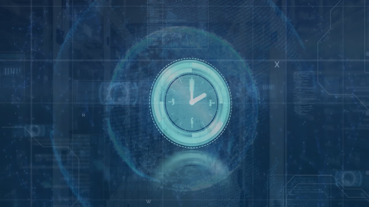 Animation of data processing and neon ticking clock over spinning globe against computer server room