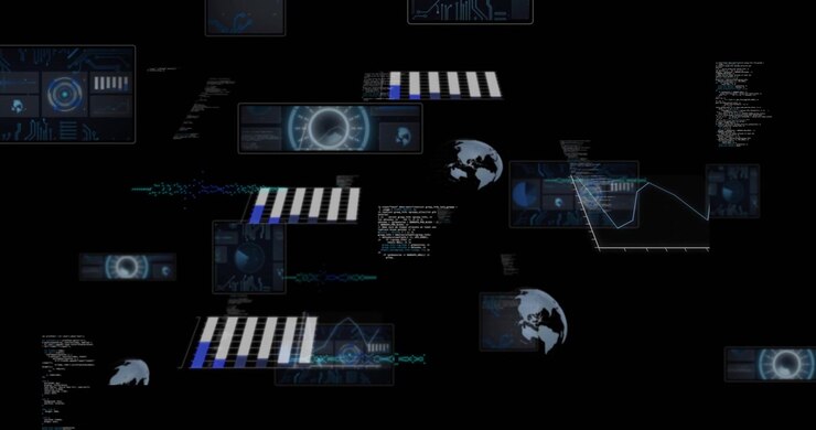 Darkness fading, digital panels multiplying, shifting, scrolling code and visualizing layered data