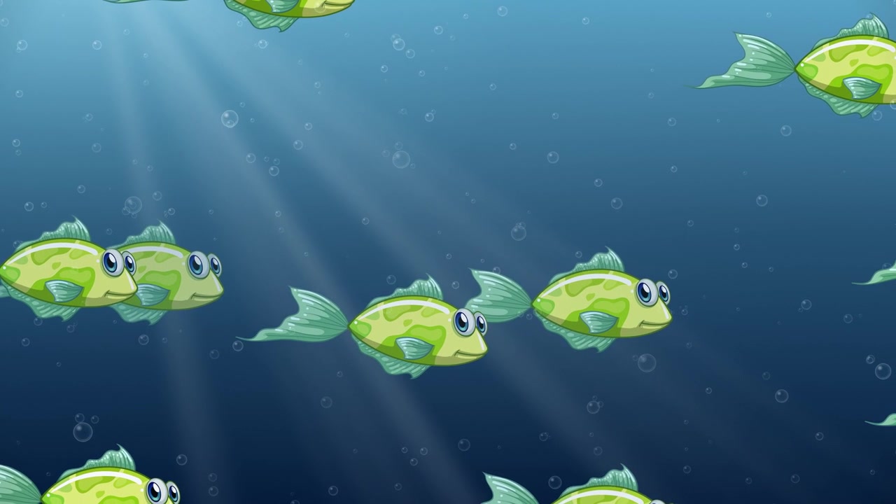 Pesci verdi animati nuotano nell'acqua blu con raggi di luce e bolle in loop