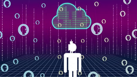 animación de chat artificial y procesamiento de datos en la nube sobre fondo púrpura