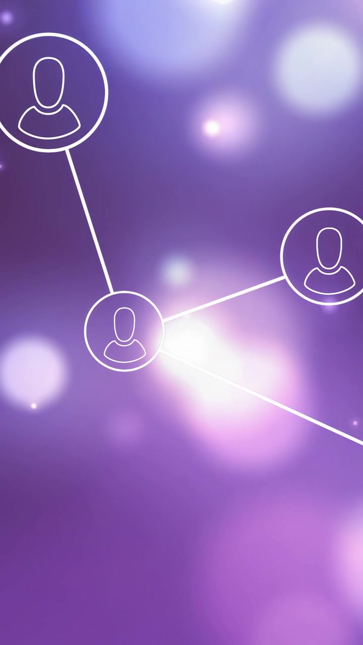 Video verticale: Bagliore pulsante, cluster di avatar centrale che forma collegamenti e visualizza la rete.