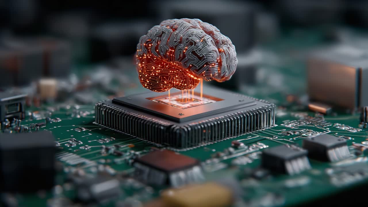 A Fusion of Technology and Intelligence: The Artificial Brain Illuminating a Circuit Board, Showcasing the Future of Computing and Neural Networks in Action
