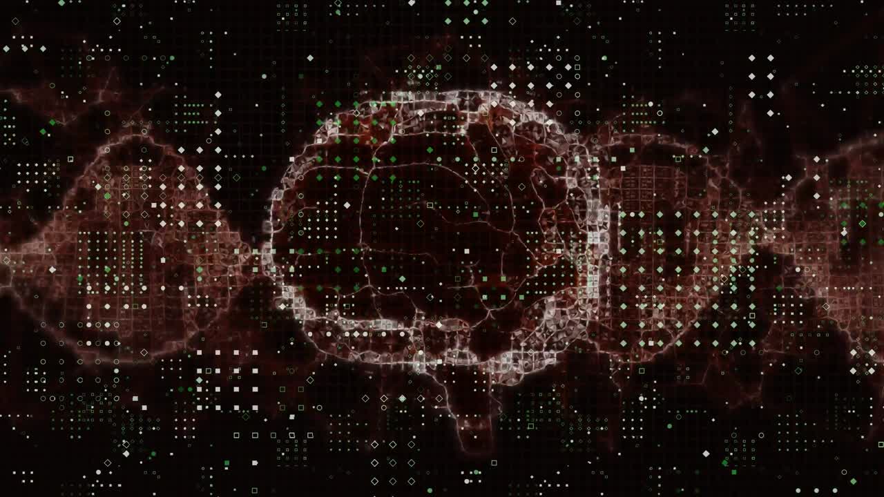 Animation of human brain, dna strand spinning with rows of white dots