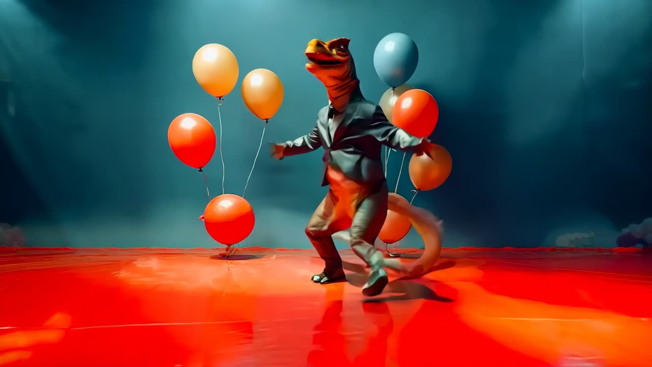 un hombre en un traje montando un dinosaurio con globos