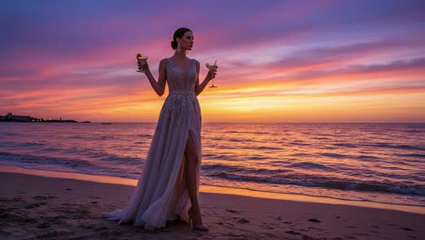 elegant woman in a stunning evening gown holding drinks on the beach at sunset, capturing the magic of twilight with a vibrant sky and ocean waves