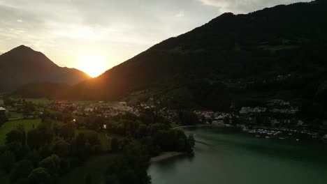 aerial clip showing the great lakes in the swiss alps surrounded by mountains