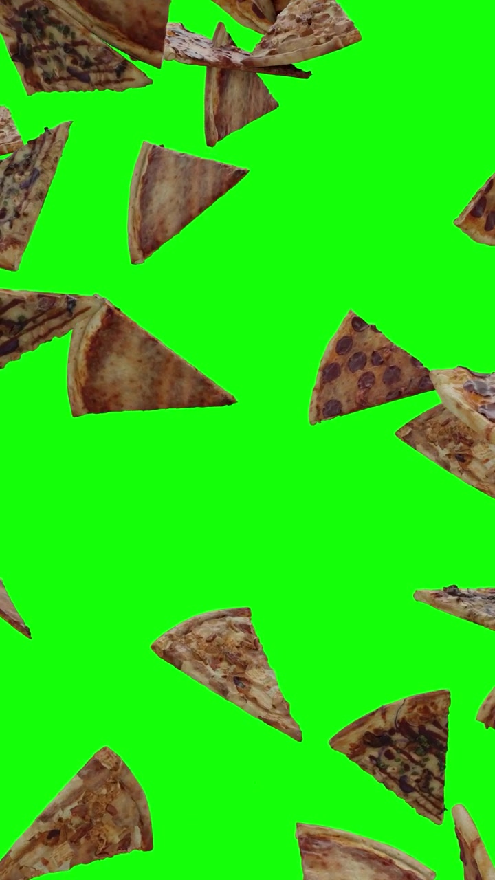 Pizza assortita che cade su schermo verde verticale con mascherino alfa 4K