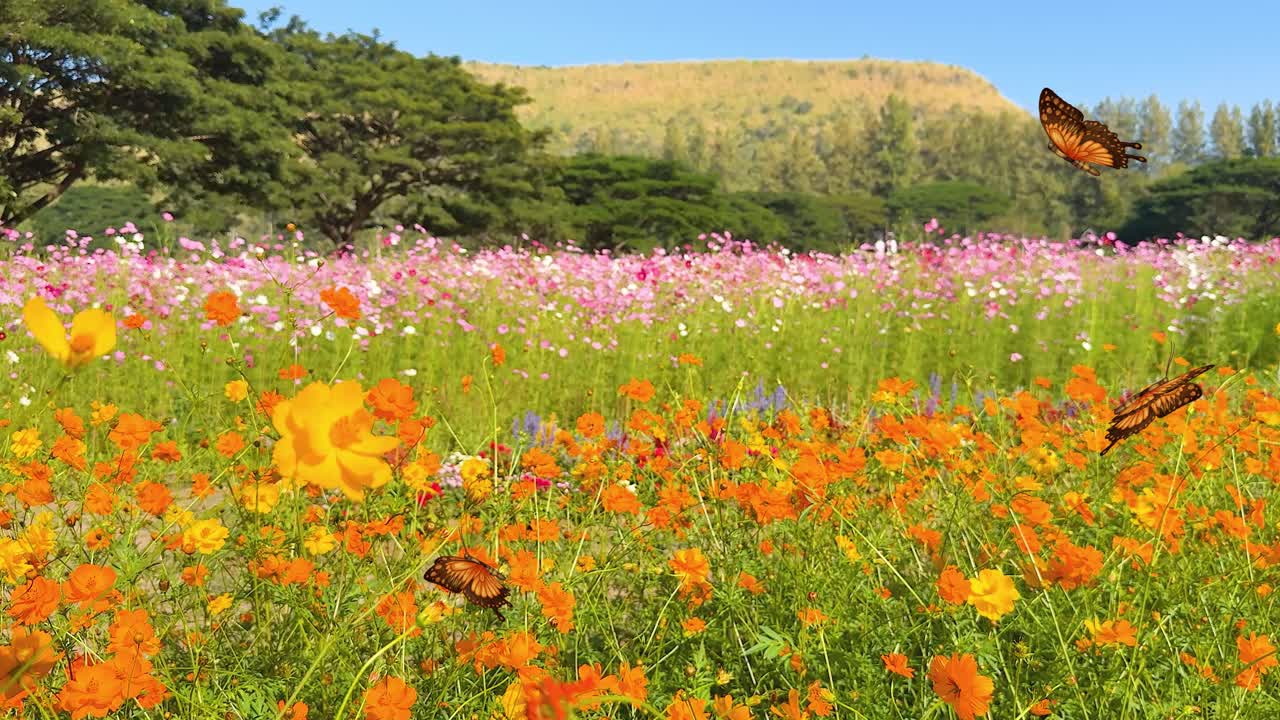 Butterflies gracefully flutter over a colorful flower field, set against a serene landscape with lush greenery and clear skies