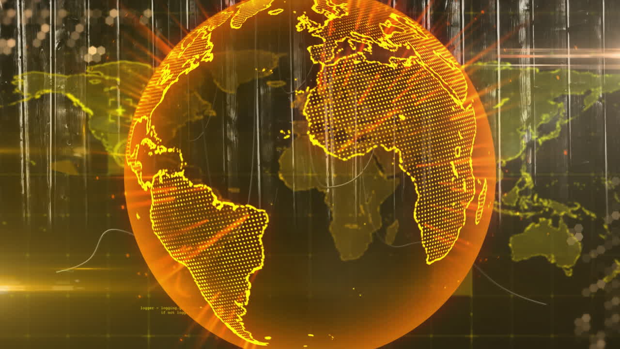 Digital globe with glowing continents processing data in animated display