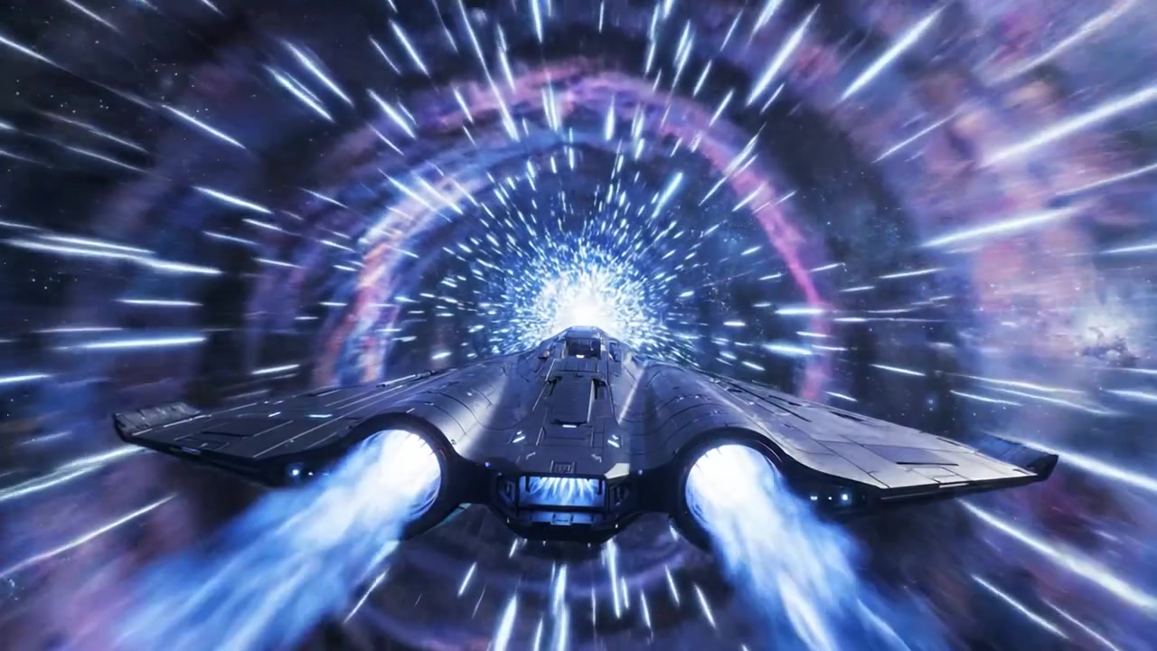 Un'astronave futuristica si propulsa attraverso il cosmo, emettendo una brillante energia blu mentre entra in un tunnel di curvatura, esplorando i misteri dello spazio profondo e oltre