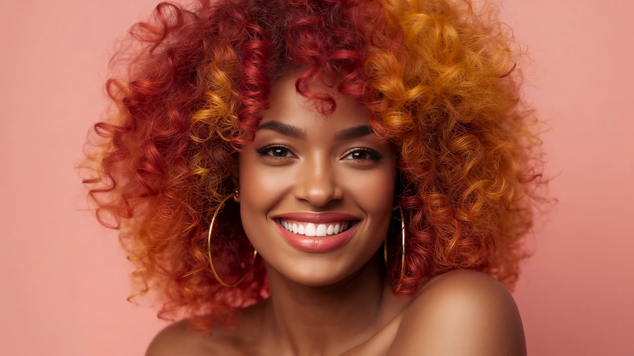 Opening studio shot featuring model smiling, tilting head on peach backdrop with gold hoop earrings