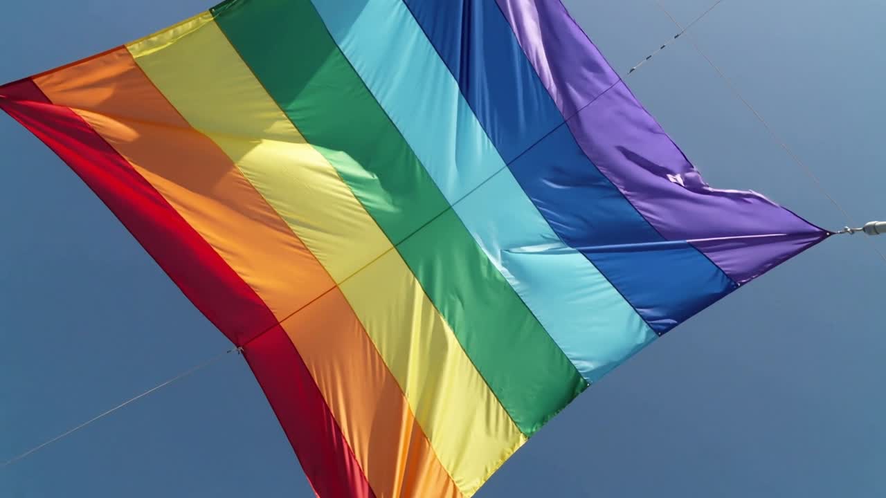 Fluttering large rainbow flag catching steady breeze above clear blue sky, showing pole hardware